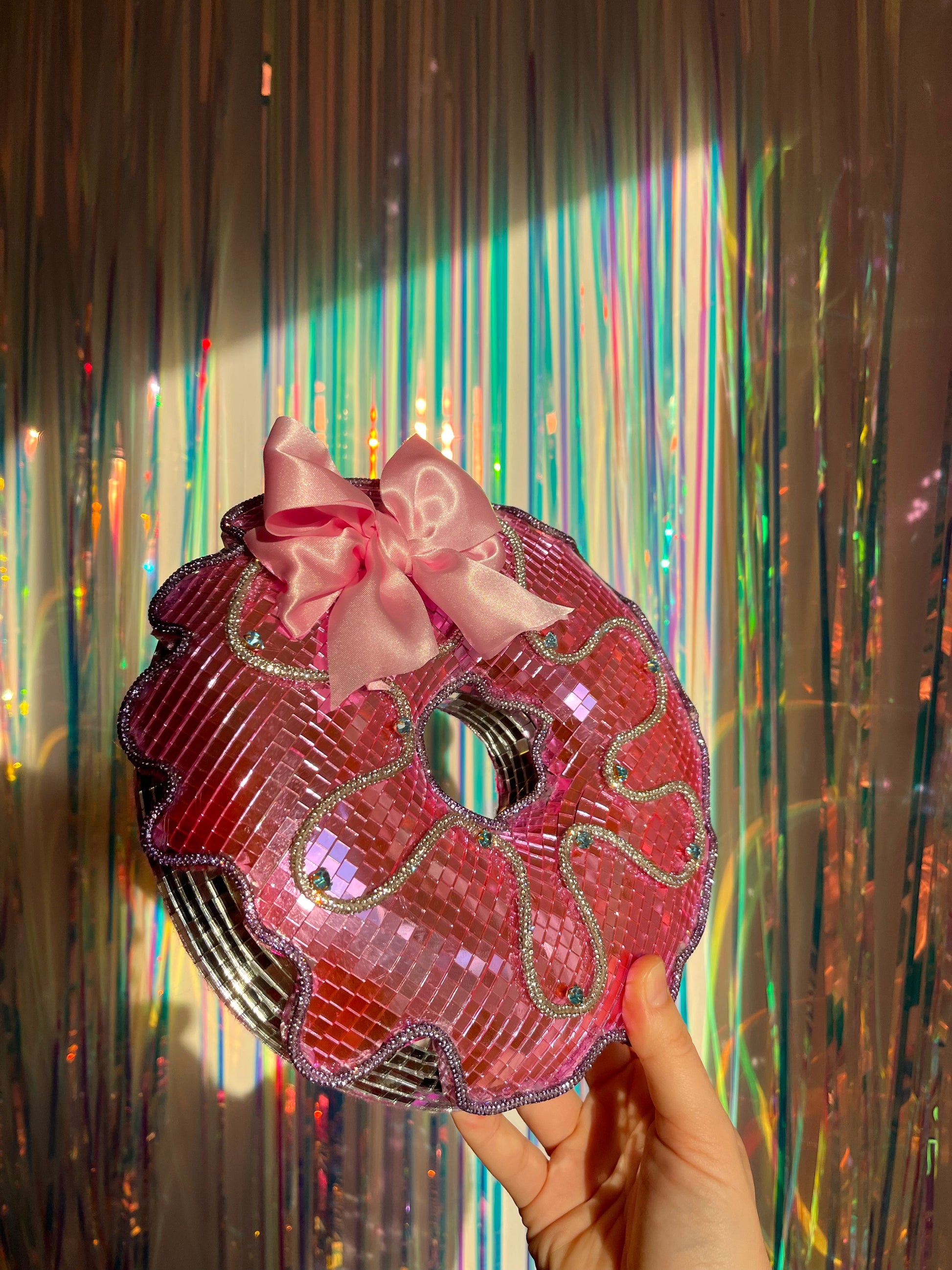 Pink disco donut with satin bow. Town Girl Disco