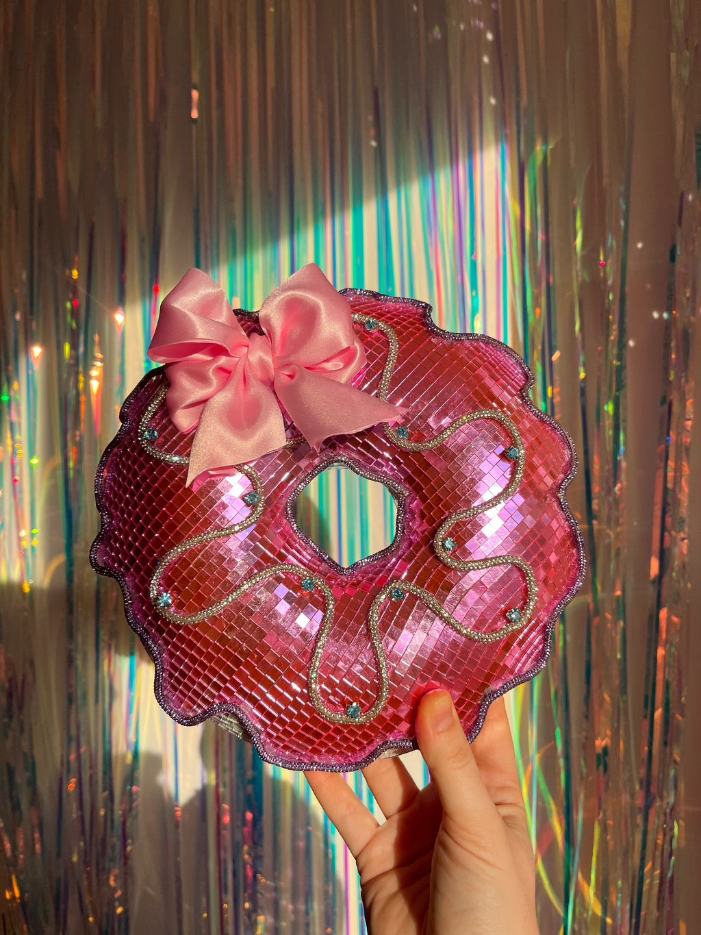 Pink disco donut with satin bow. Town Girl Disco
